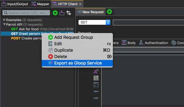 Generating Gloop Service from Http Client Request Context Menu